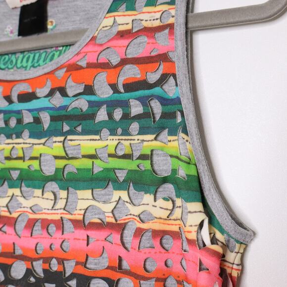 DESIGUAL Phoenix Shift Mini Dress Sleeveless Laser Cut Striped Rainbow Women's M - Picture 4 of 14